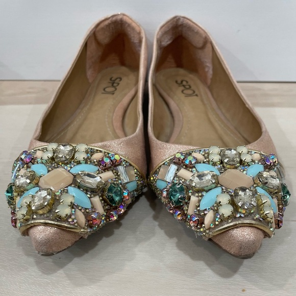 Spot Flats Made in Brazil Women's 6 Tan Bejeweled Aqua Turquoise Tan - Picture 6 of 12